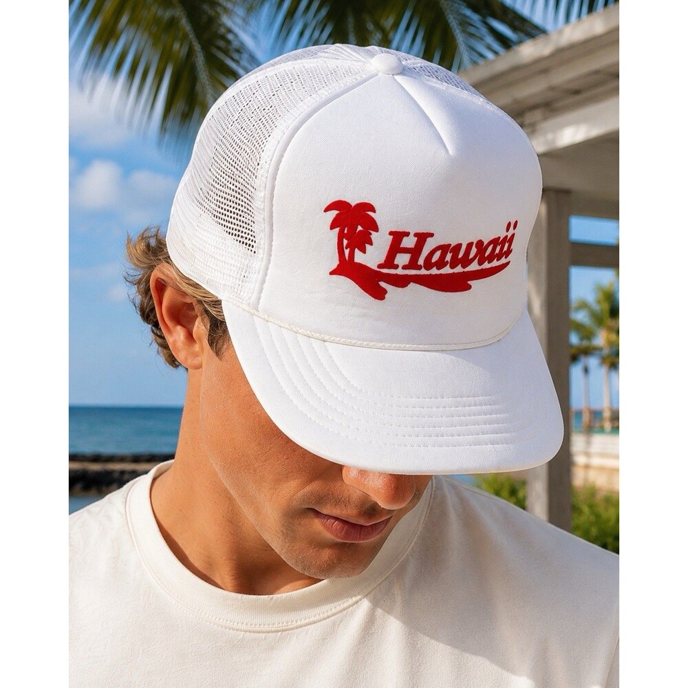 Vintage Hawaii Trucker Hat Mens White Red Palm Foam Mesh Rope Snapback